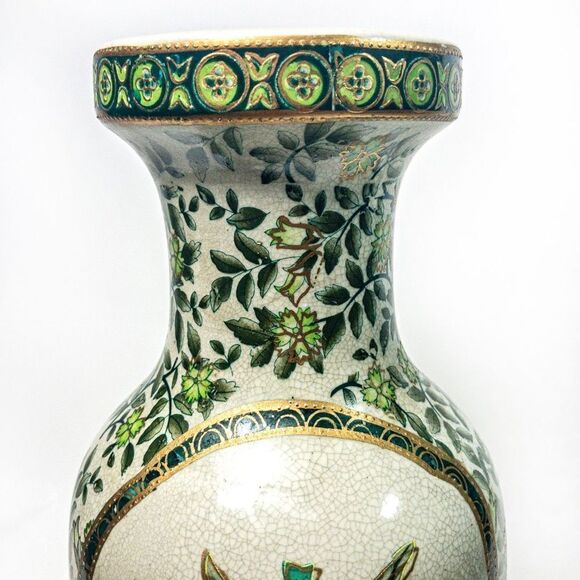 Porcelain Vase Green/Gold Botanical Motif Hand Painted Gilt Accent China - Picture 5 of 13